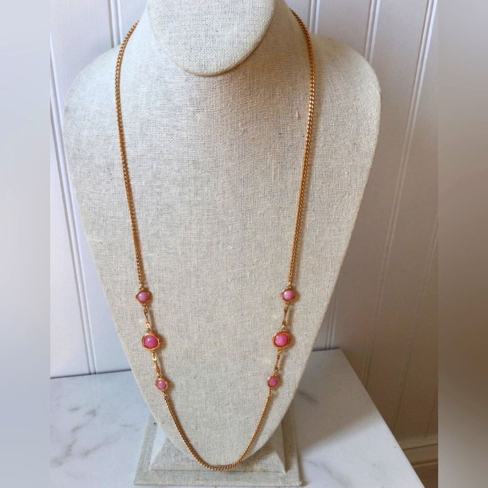 Vintage Sarah Coventry long chain station necklace pink and gold